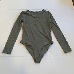 Primark Women’s Small Long Sleeve Henley Olive Green Stretch Cotton Bodysuit